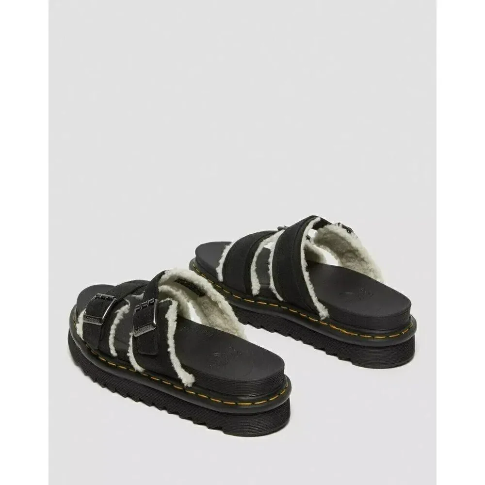 Dr. Martens Myles Sandals Unisex US M11 W12 Black Suede Faux Fur  Platform Slide
